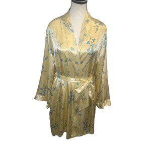 Sensara Women’s Yellow Satin W/ Blue Floral Belted Robe Pockets Sz L/XL Romance